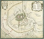 Belägringen av den tyska fästningen Philippsburg 1734, där en ring av fristående lynetter i bildens mitt, är under anfall av franska trupper.