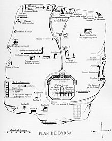 Plan dressé au XIXe siècle de la colline de Byrsa avec les vestiges visibles alors et les bâtiments existants.