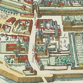 Détail du plan de Mérian de 1615 (le nord à gauche) : la deuxième porte (en haut) du XIVe siècle, le faubourg traversé par la rue Saint-Honoré et le bastion du XVIIe siècle (en bas).