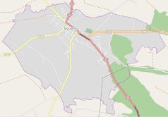 Mapa konturowa Myszyńca, u góry znajduje się punkt z opisem „Bazylika Trójcy Przenajświętszej w Myszyńcu”