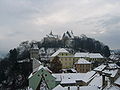 La montagne de l'École (Schulberg) avec Bergkirche et le Lycée Joseph-Haltrich Lyzeum en hiver