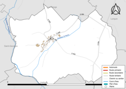 Carte en couleur présentant le réseau hydrographique de la commune