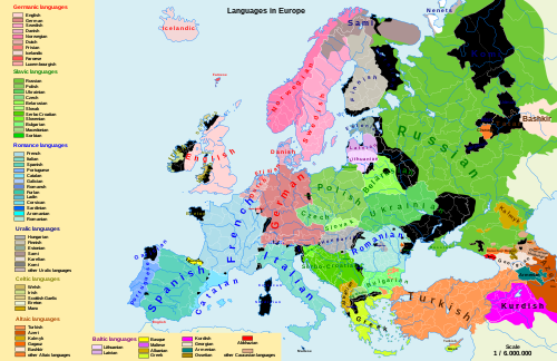 color-coded map of most languages used throughout Europe