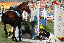 Une cavalière est à terre devant un obstacle, tenant son cheval par les rênes.