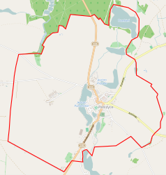 Mapa konturowa Pełczyc, w centrum znajduje się punkt z opisem „Dawny klasztor Cysterek w Pełczycach”