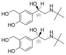 Skeletni formuli (R)-(−)-salbutamola (zgoraj) in (S)-(+)-salbutamola (spodaj)