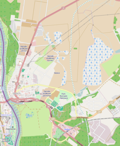 Mapa konturowa Słubic, na dole znajduje się punkt z opisem „Cmentarz żydowski w Słubicach”