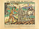 Affiche dessinée représentant un homme âgé en costume saluant un paysan respectueux et déférant dans un champ.