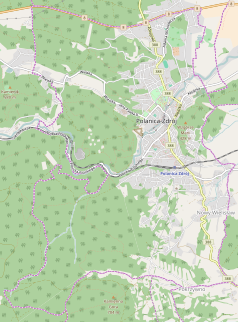 Mapa konturowa Polanicy-Zdroju, blisko centrum na prawo u góry znajduje się punkt z opisem „Park Zdrojowy”