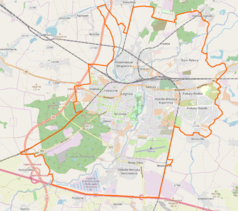 Mapa konturowa Legnicy, w centrum znajduje się punkt z opisem „Fabryczna”