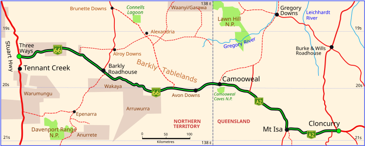 Barkly Highway in Queensland and the Northern Territory (green and black)