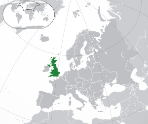 Two islands to the northwest of continental Europe. Highlighted are the larger island and the northeastern fifth of the smaller island to the west.