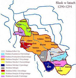 Greatest extent of territory of the Duchy during the reign of 亨利五世 (萊格尼察) (orange)