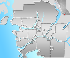 Mapa konturowa Vancouver, blisko centrum na lewo znajduje się punkt z opisem „BC Place”