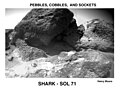 This Rover image of "Shark" (upper left center), "Half Dome" (upper right), and a small rock (right foreground) reveal textures and structures not visible in lander camera images. These rocks are interpreted as conglomerates because their surfaces have rounded protrusions up to several centimeters in size. It is suggested that the protrusions are pebbles and granules. Mars Pathfinder is the second in NASA's Discovery program of low-cost spacecraft with highly focused science goals. The Jet Propulsion Laboratory, Pasadena, CA, developed and manages the Mars Pathfinder mission for NASA's Office of Space Science, Washington, D.C. JPL is a division of the California Institute of Technology (Caltech).