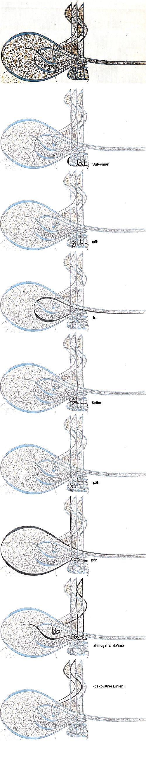 In Einzelteilen dargestellte Tughra Sultan Süleymans I.