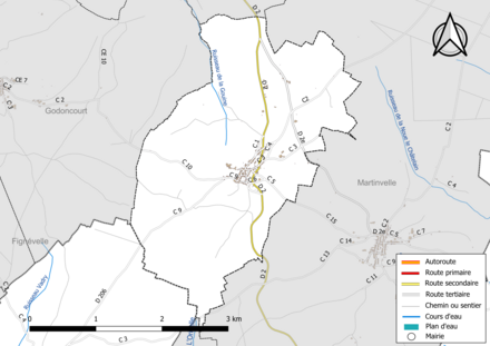 Carte en couleur présentant le réseau hydrographique de la commune