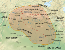 Geophysical map with regions and major cities, al-Jazira is highlighted in red