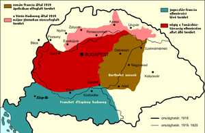 Карта былога Каралеўства Венгрыя (май—жнівень 1919).      Тэрыторыя кантраляваная Румыніяй з красавіка 1919      Тэрыторыя падкантрольная Венгерская Савецкай Рэспублікі      Тэрыторыя, якая перайшла пад кантроль ВСР      Тэрыторыя, якая кантралявалася Францыяй і Югаславіяй                      Межы Венгрыі ў 1918                      Межы Венгрыі ў 1920