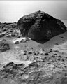 This image of the rock "Chimp" was taken by the Sojourner rover's right front camera on Sol 72 (September 15). Fine-scale texture on Chimp and other rocks is clearly visible. Wind tails, oriented from lower right to upper left, are seen next to small pebbles in the foreground. These were most likely produced by wind action. Mars Pathfinder is the second in NASA's Discovery program of low-cost spacecraft with highly focused science goals. The Jet Propulsion Laboratory, Pasadena, CA, developed and manages the Mars Pathfinder mission for NASA's Office of Space Science, Washington, D.C. JPL is a division of the California Institute of Technology (Caltech).