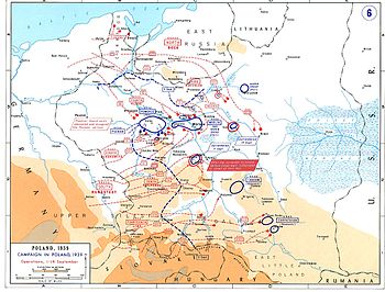 A map of Poland showing the German invasion from east Germany, East Prussia and German-occupied Czechoslovakia in September 1939