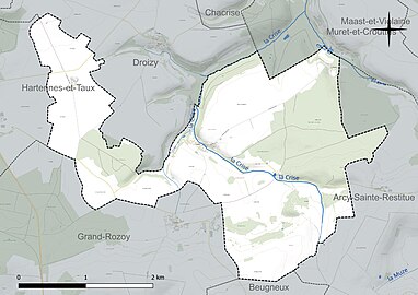 Carte en couleur présentant le réseau hydrographique de la commune