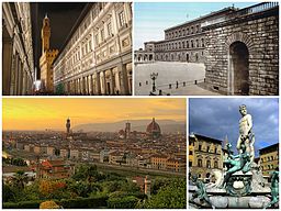 Uffizi (uppe t.v.), Palazzo Pitti (uppe t.h.), solnedgång över staden (nere t.v.), Fontana del Nettuno på Piazza della Signoria (nere t.h.).