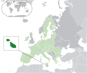 Location of  مالټا  (dark green) – on the European continent  (green & dark gray) – in the European Union  (green)  —  [Legend]