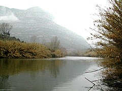 En fond, la montagne Montserrat.