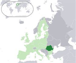  रोमानिया  (dark green) की अवस्थिति – Europe  (light green & dark grey) में – the European Union  (light green) में  —  [संकेत]