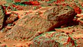 This view of Moe & Pumpkin, part of the Bookshelf at the back of the Rock Garden to the southwest of the lander, was produced by combining the "Super Panorama" frames from the IMP camera. Super resolution was applied to help to address questions about the texture of this rock and what it might tell us about its mode of origin. The composite color frames that make up this anaglyph were produced for both the right and left eye of the IMP. These composites consist of 7 frames in the right eye and 8 frames in the left eye, taken with different color filters that were enlarged by 500% and then co-added using Adobe Photoshop to produce, in effect, a super-resolution panchromatic frame that is sharper than an individual frame would be. These panchromatic frames were then colorized with the red, green, and blue filtered images from the same sequence. The color balance was adjusted to approximate the true color of Mars. The anaglyph view was produced by combining the left with the right eye color composite frames by assigning the left eye composite view to the red color plane and the right eye composite view to the green and blue color planes (cyan), to produce a stereo anaglyph mosaic. This mosaic can be viewed in 3-D on your computer monitor or in color print form by wearing red-blue 3-D glasses. Mars Pathfinder is the second in NASA's Discovery program of low-cost spacecraft with highly focused science goals. The Jet Propulsion Laboratory, Pasadena, CA, developed and manages the Mars Pathfinder mission for NASA's Office of Space Science, Washington, D.C. JPL is a division of the California Institute of Technology (Caltech). The left eye and right eye panoramas from which this anaglyph was created is available at PIA02405 andPIA02406