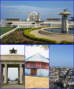 Counter-clockwise from top: Black Star Square; The Black Star Monument; The Planetarium of Accra; terraced houses of Accra.