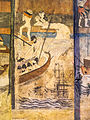 A temple mural of Wat Phumin, Nan, Thailand, shows the French warships