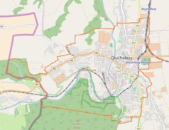 Mapa konturowa Głuchołaz, na dole nieco na prawo znajduje się punkt z opisem „Park Zdrojowy w Głuchołazach”