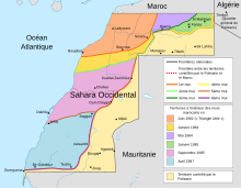 Une carte du Sahara occidental, indiquant les étapes de la construction du mur des sables.