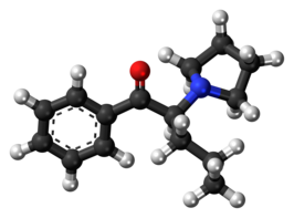 Bal-en-stokmodel van het α-PVP-molecuul.