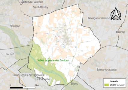 Carte de la ZNIEFF de type 2 sur la commune.