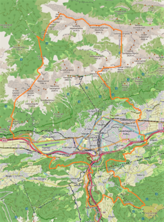 Mapa konturowa Innsbrucku, na dole znajduje się punkt z opisem „Bergisel”