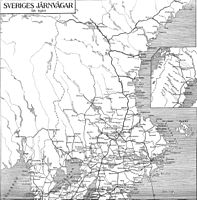 Lignes de chemin de fer dans le Nord de la Suède en 1910. On voit très bien la ligne principale distante des côtes, et reliée aux villes côtières par des lignes secondaires.