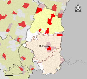 Localisation de l'aire d'attraction de Mulhouse dans le département du Haut-Rhin.