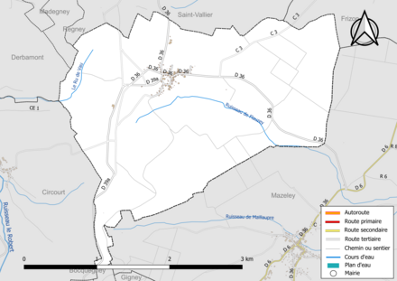 Carte en couleur présentant le réseau hydrographique de la commune