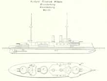 Line drawing for this type of ship; the vessel had three large gun turrets on the centerline and two thin smoke stacks.