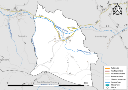 Carte en couleur présentant le réseau hydrographique de la commune