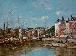 Peinture en couleurs représentant un port, des navires arrimés aux quais