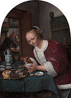 Girl eating oysters label QS:Lde,"Mädchen mit Austern" label QS:Len,"Girl eating oysters" label QS:Lpl,"Dziewczyna jedząca ostrygi" label QS:Lnl,"Het oestereetstertje" circa 1658 date QS:P,+1658-00-00T00:00:00Z/9,P1480,Q5727902 . oil on panel medium QS:P186,Q296955;P186,Q106857709,P518,Q861259 . 20.5 × 14.5 cm (8 × 5.7 in). The Hague, Royal Picture Gallery Mauritshuis.