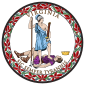 A circular seal with the words "Virginia" on the top and "Sic Semper Tyrannis" on the bottom. In the center, a woman wearing a blue toga and Athenian helmet stands on the chest of dead man wearing a purple breastplate and skirt. The woman holds a spear and sheathed sword. The man holds a broken chain while his crown lies away from the figures. Orange leaves encircle the seal.