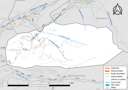 Carte en couleur présentant le réseau hydrographique de la commune