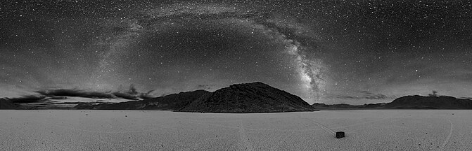 Panorama of Racetrack Playa at night, with the Milky Way