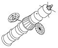 Figure 1-2. L1 Soyuz manned circumlunar concept (1962). Should not be confused with the L1 (Zond) spacecraft (figure 1-9). The cone at the front (right) of the L1 Soyuz is an attitude control module; behind it are cylindrical orbital and descent modules, and a frustum-shaped service module. The round appendage (right) is a solar array, and the dish, a high-gain antenna. At the rear of the L1 are three booster modules.