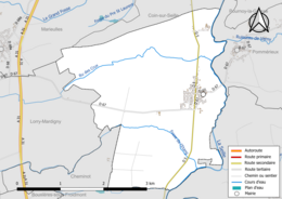 Carte en couleur présentant le réseau hydrographique de la commune